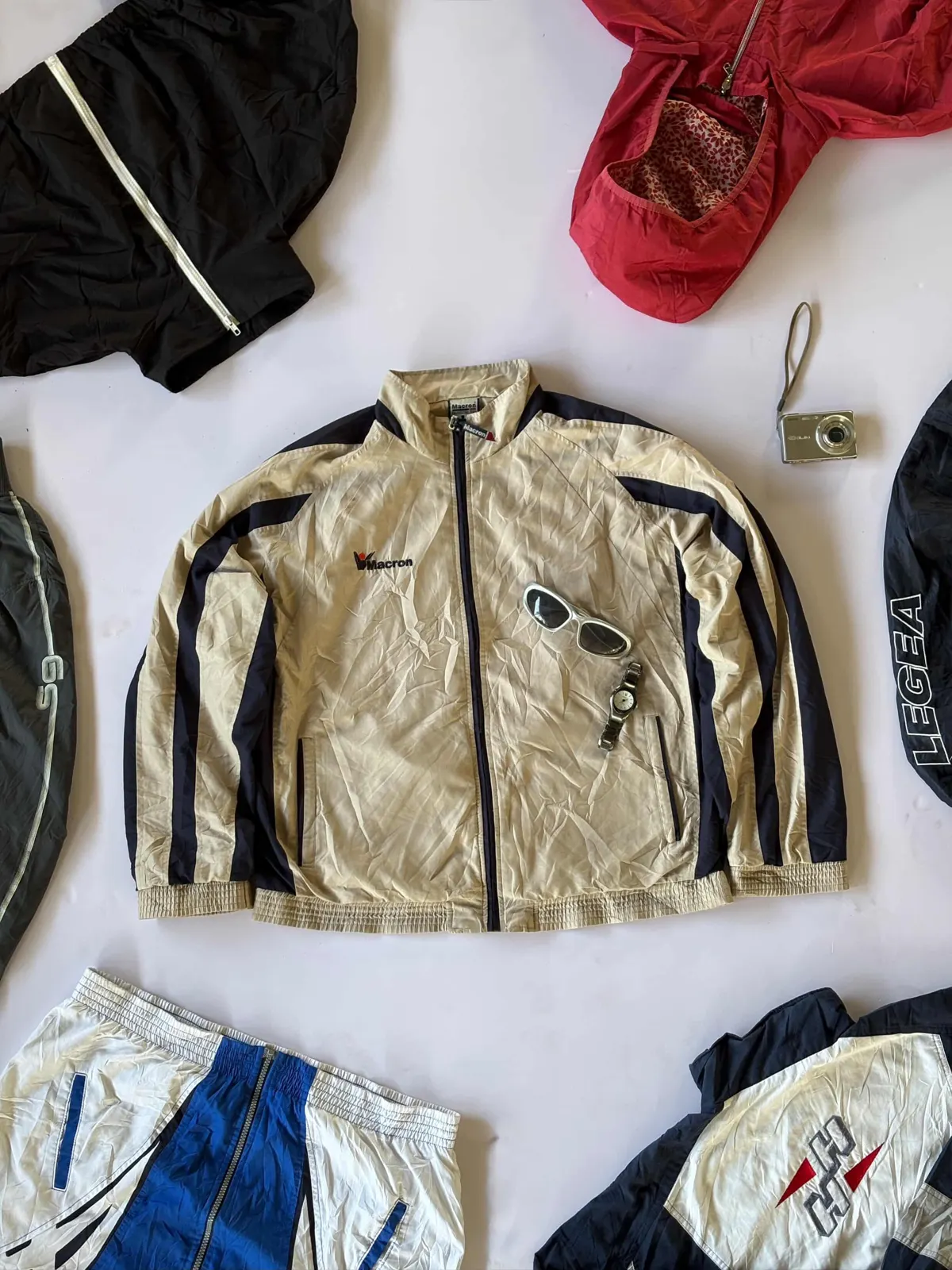 Sand Piped Track Top, sand / navy track top laid flat