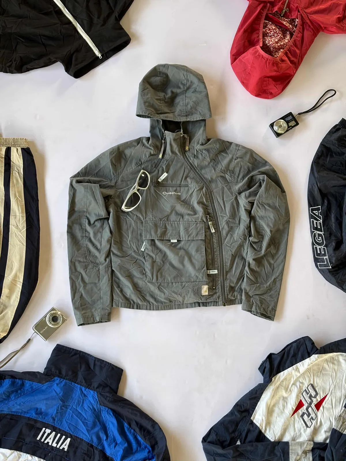 Grey Utility Anorak, slate grey anorak laid flat