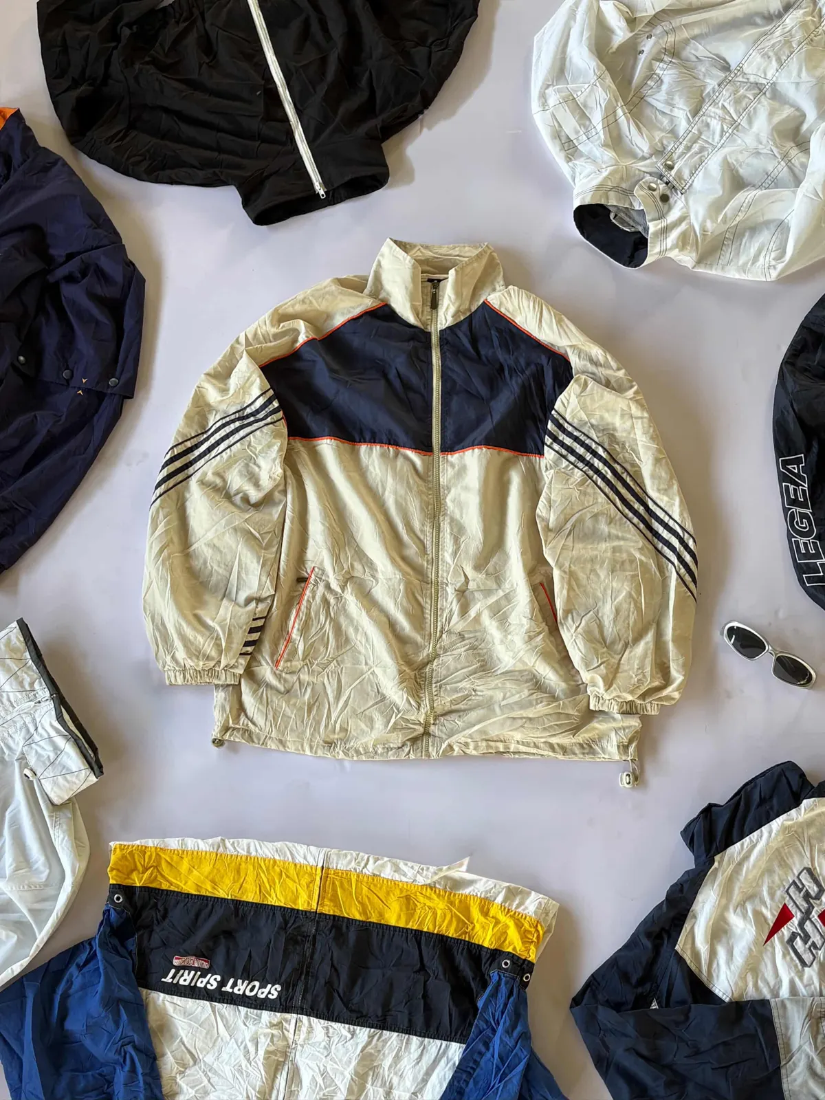 Cream Stripe Track Top, cream / navy track top laid flat